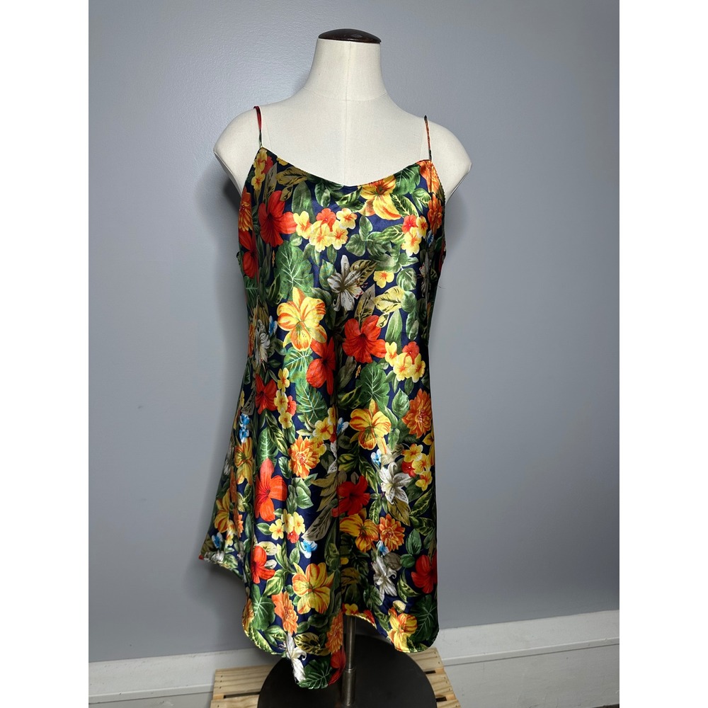 Michelle Louise Floral Satin Chemise Nightgown Tropical Slip Dress Navy Blue M